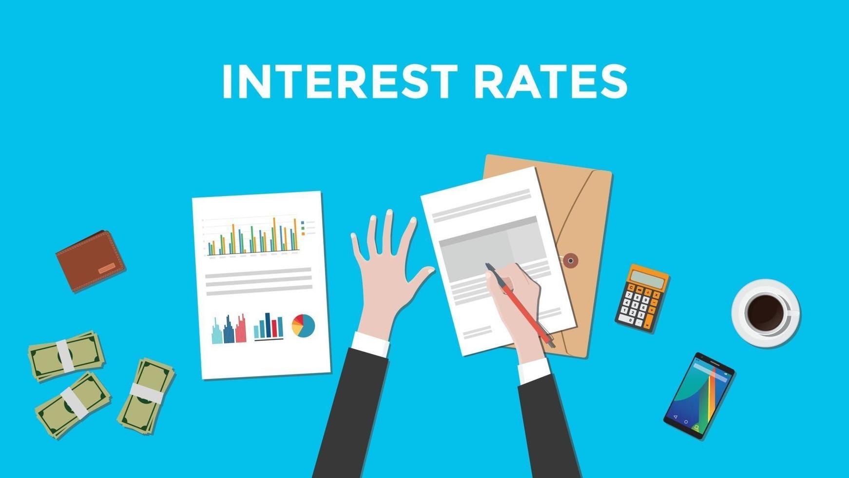 ilustração de contar as taxas de juros com papelada, calculadora e dinheiro em cima da mesa e fundo azul vetor