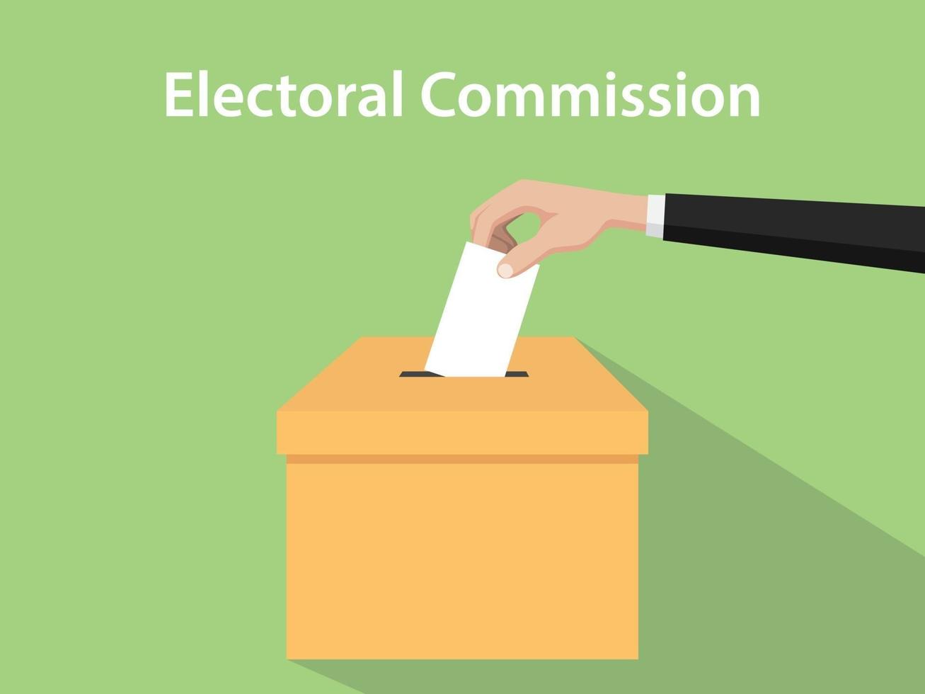 ilustração da comissão eleitoral com a mão do homem colocada em papel branco em caixa marrom e fundo verde vetor