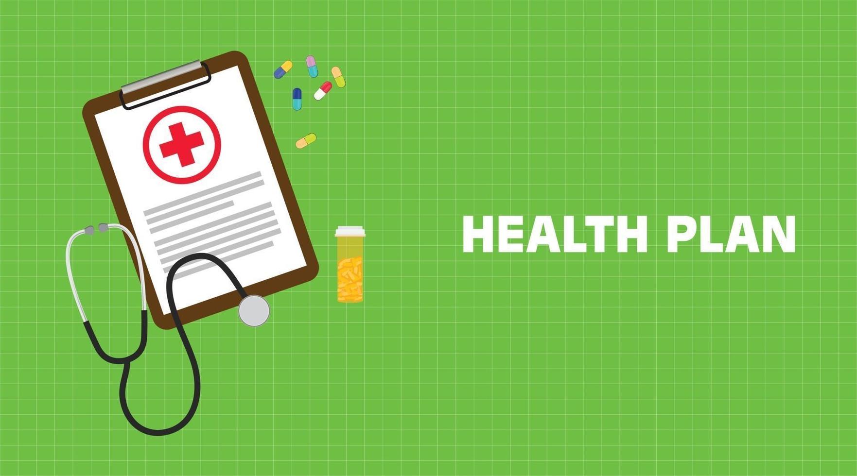 ilustração de plano de saúde com papelada na prancheta, estetoscópio, cápsulas e tubo de vitamina com fundo verde vetor