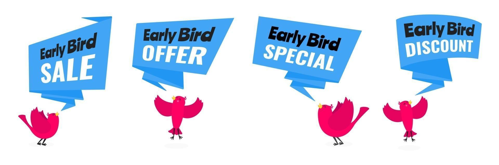 Early bird special offer desconto venda evento banner flat style design vector illustration set.