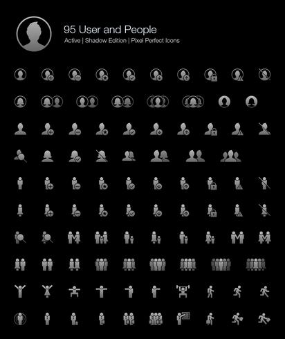 95 ícones perfeitos do usuário e do pixel dos povos (edição de sombra enchida do estilo). vetor