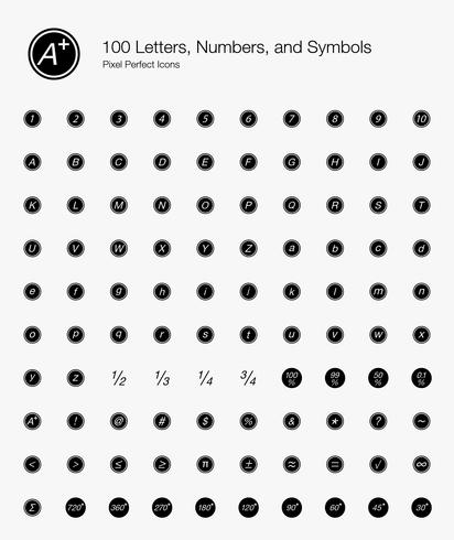 100 letras, números e símbolos Ícones perfeitos de pixel (estilo preenchido). vetor