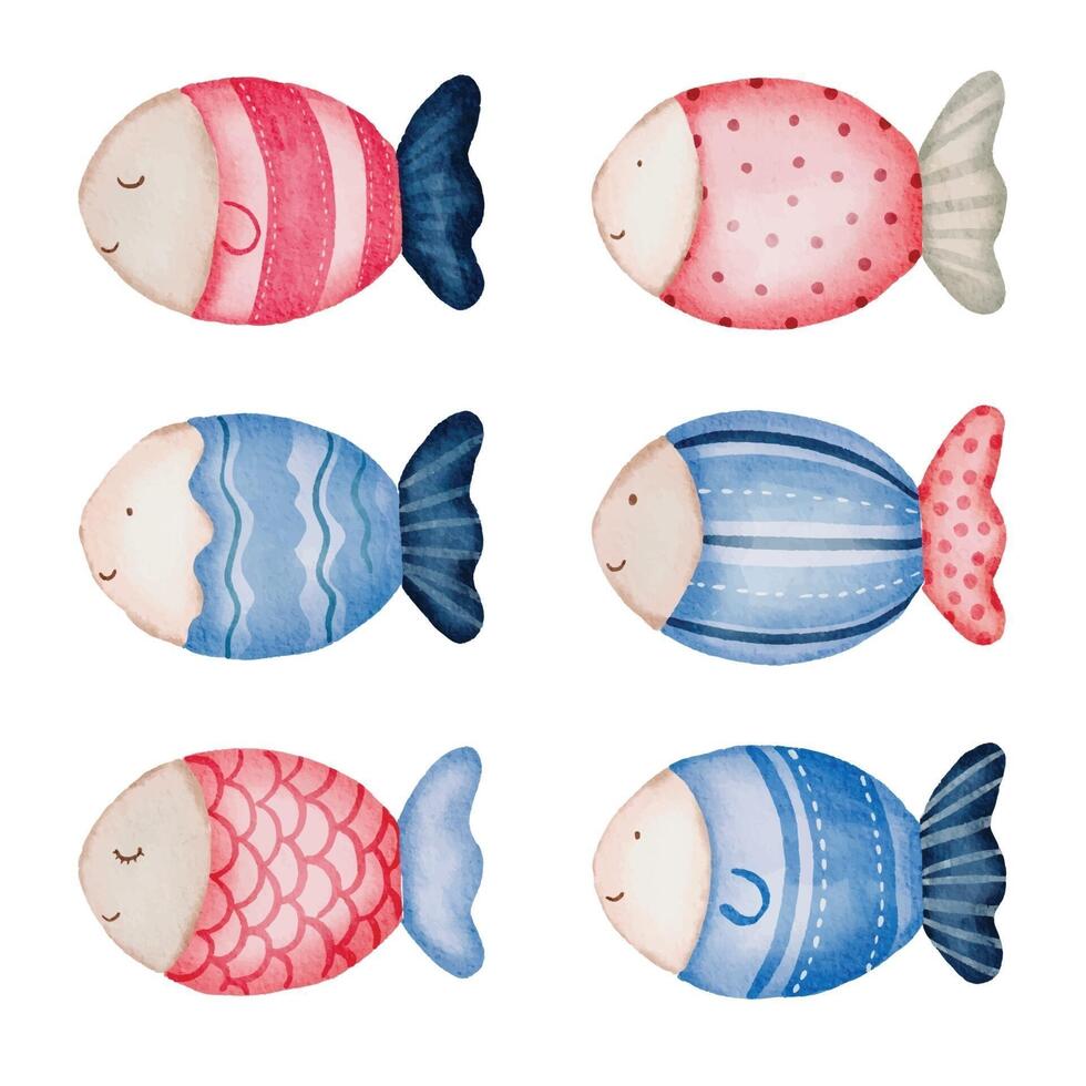 ativo de objeto de travesseiro de peixe em aquarela. conjunto de brinquedos de bebê de peixes de animais vetor