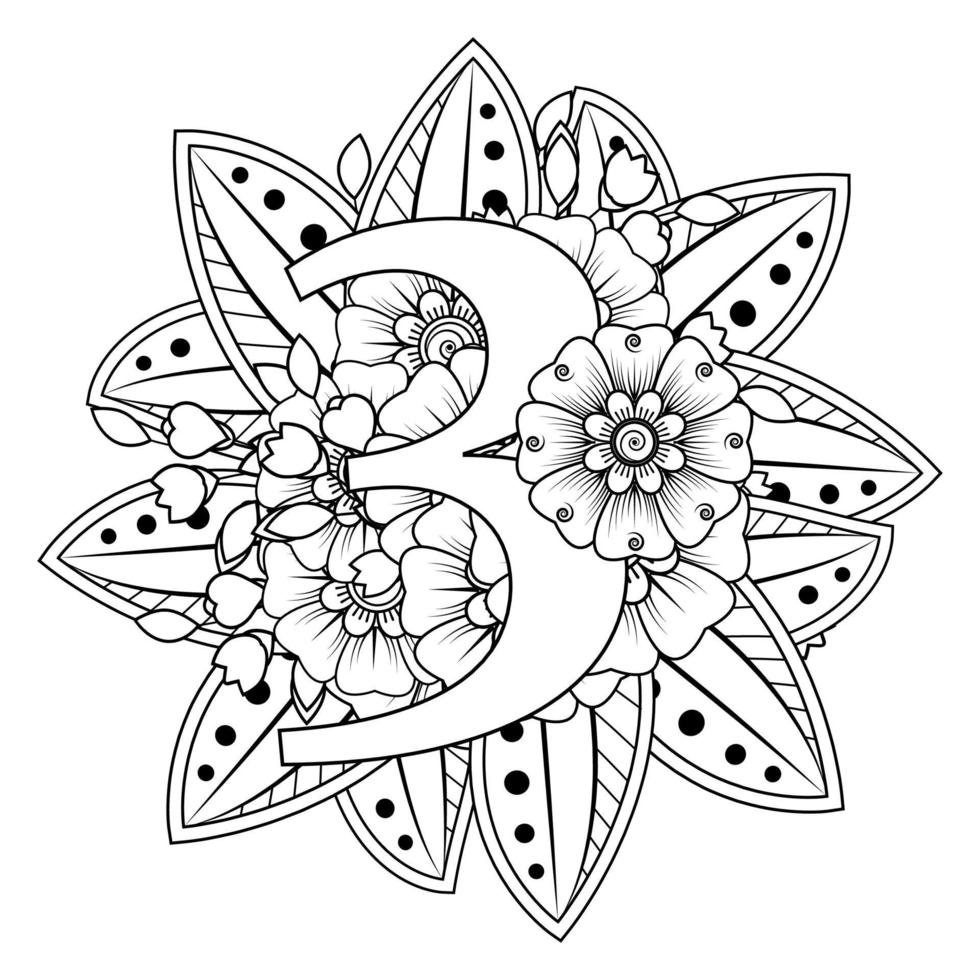 número 3 com ornamento decorativo de flor mehndi em estilo oriental étnico página do livro para colorir vetor