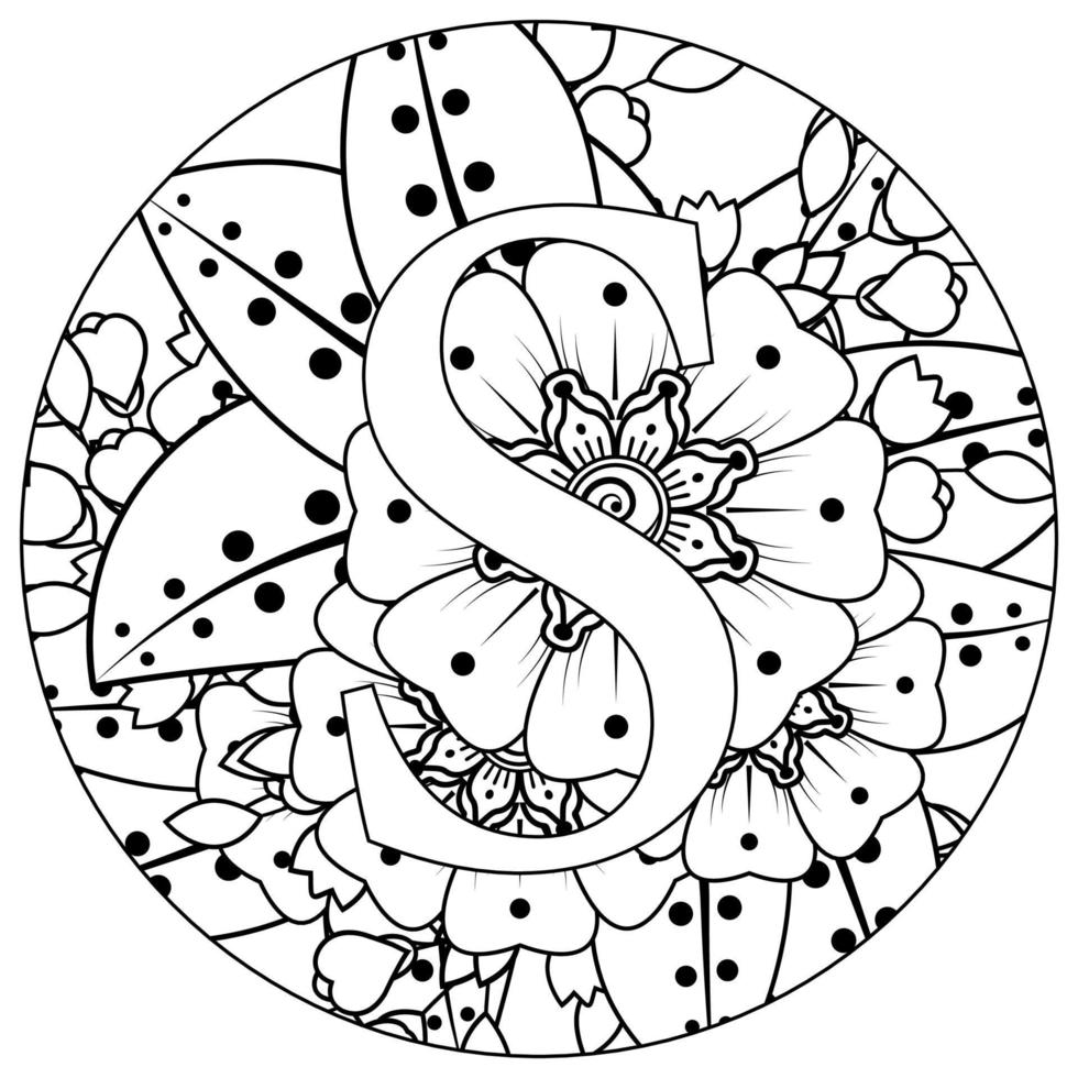 letra s com flor mehndi. ornamento decorativo em étnica oriental. delinear a ilustração vetorial de desenho à mão. vetor