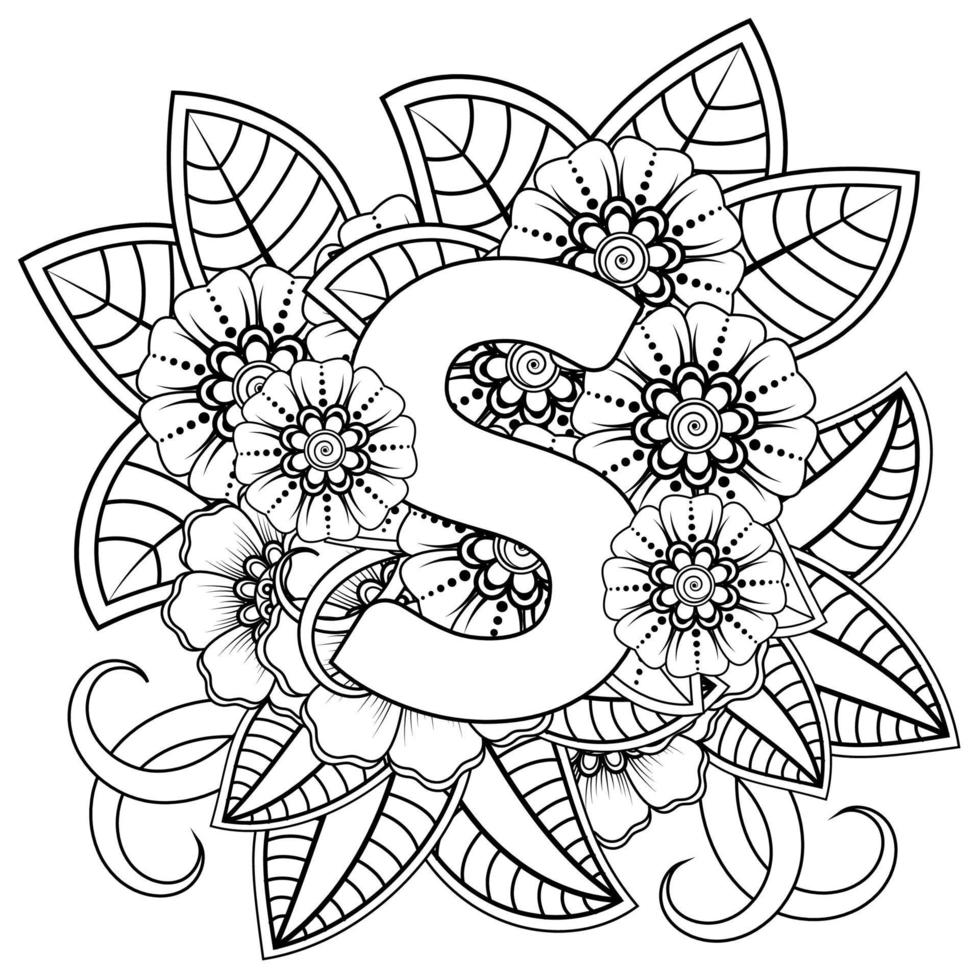 letra s com flor mehndi. ornamento decorativo em étnica oriental. delinear a ilustração vetorial de desenho à mão. vetor