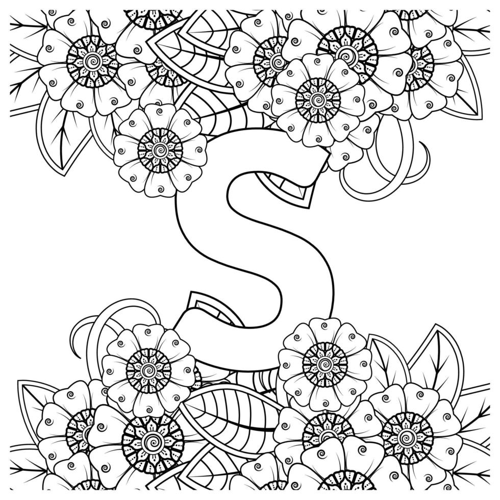 letra s com flor mehndi. ornamento decorativo em étnica oriental. delinear a ilustração vetorial de desenho à mão. vetor