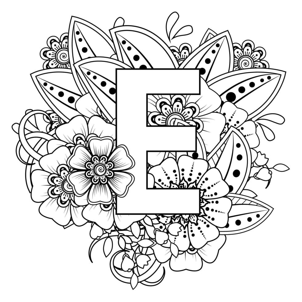 letra e com flor mehndi. ornamento decorativo em estilo oriental étnico. página do livro para colorir. vetor