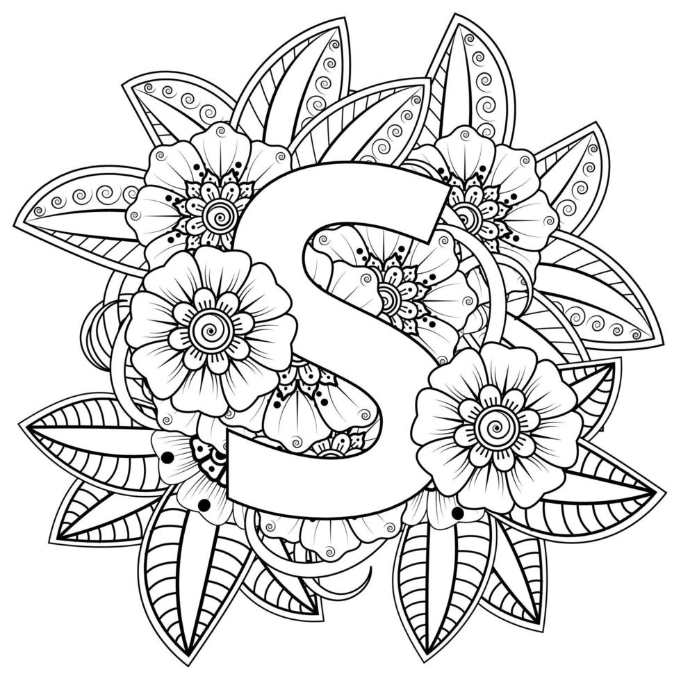 letra s com flor mehndi. ornamento decorativo em étnica oriental. delinear a ilustração vetorial de desenho à mão. vetor