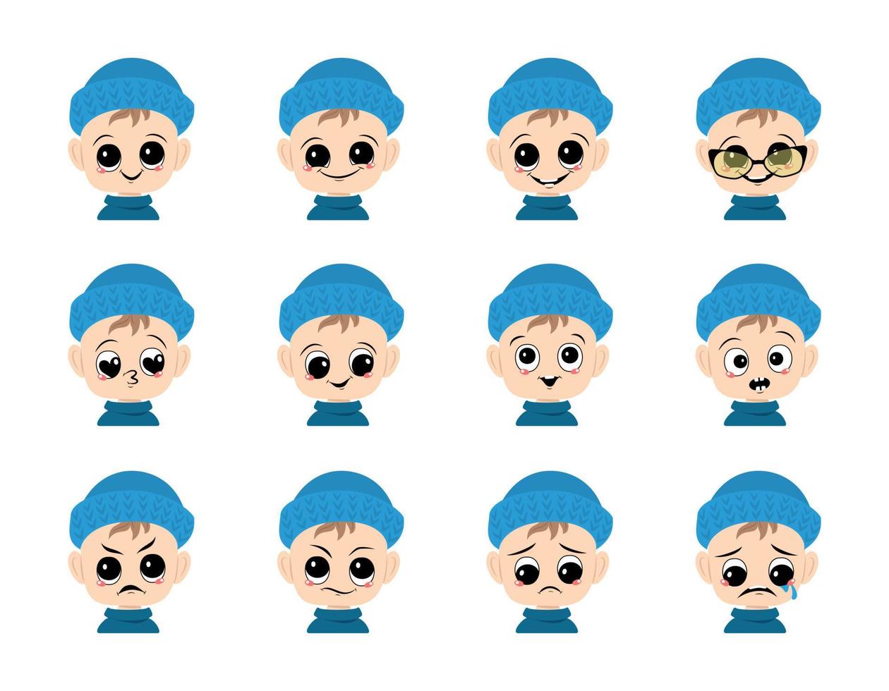 conjunto de avatar de bebê com olhos grandes e sorriso largo e emoções diferentes no chapéu de malha azul. linda criança com cara alegre, triste ou zangada no cocar de inverno vetor