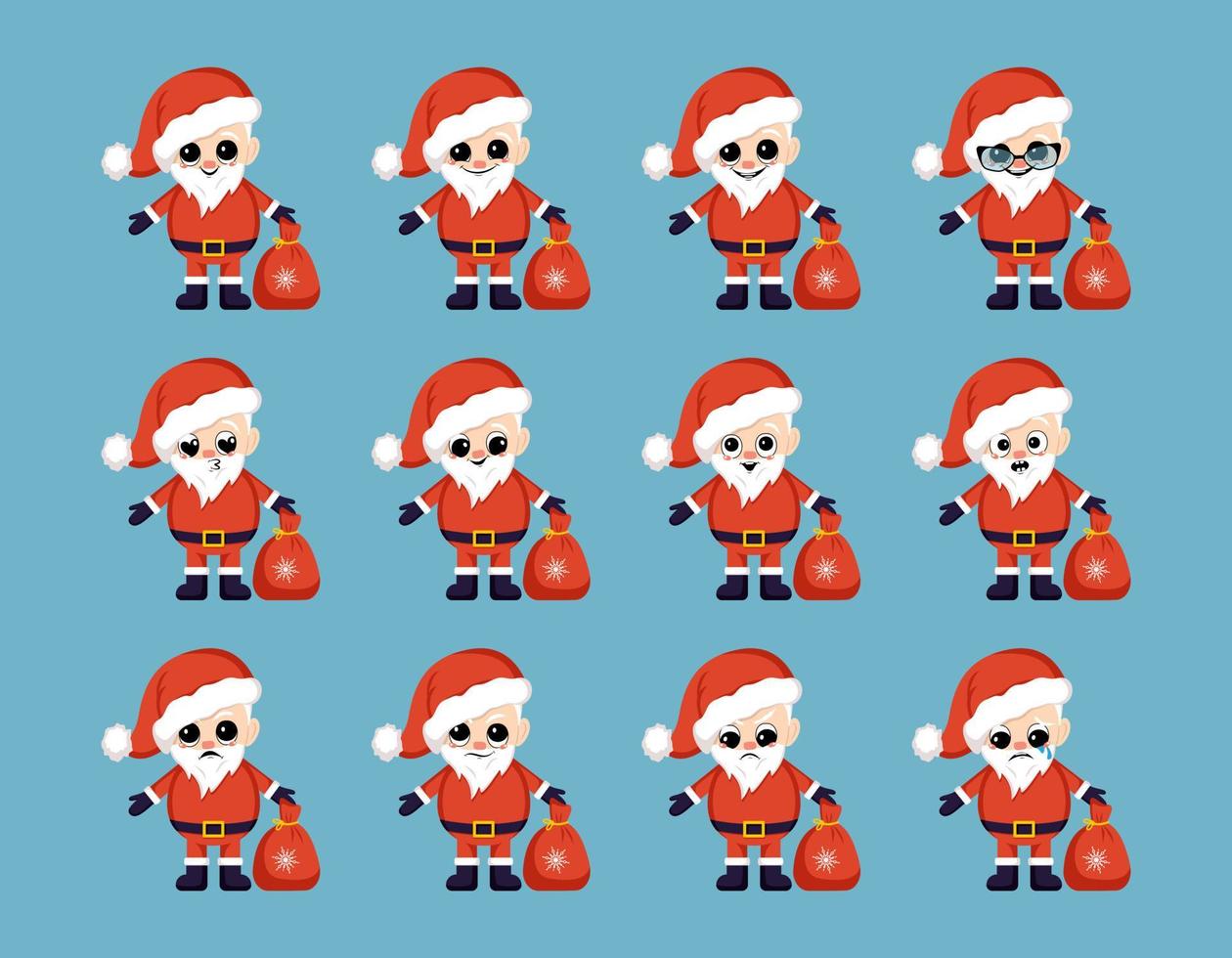 conjunto de Papai Noel de terno vermelho e chapéu com saco de presentes. símbolo de ano novo e natal. personagem fofa com diferentes emoções de alegria e tristeza vetor