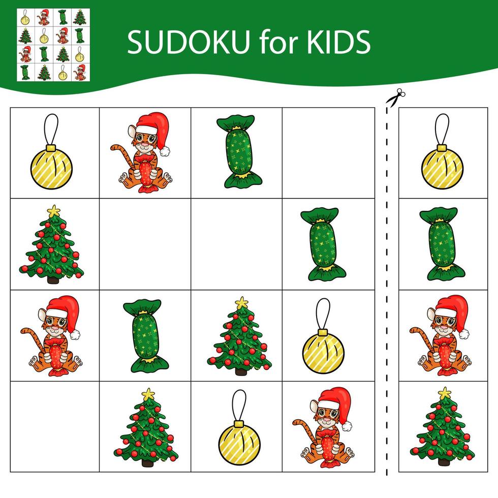 jogo de sudoku para crianças com fotos. feliz Natal e Feliz Ano Novo. o tigre é um símbolo do ano novo chinês com elementos de natal. vetor. vetor