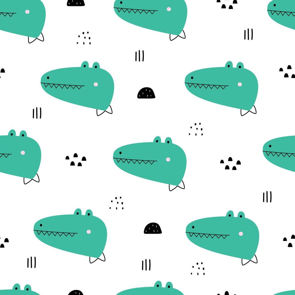 o padrão sem costura tem um rosto de crocodilo com pontos pretos. fundos de desenhos animados de animais fofos desenhados à mão em estilo infantil usado para impressão, papel de parede, padrão de tecido, têxtil. ilustração vetorial vetor