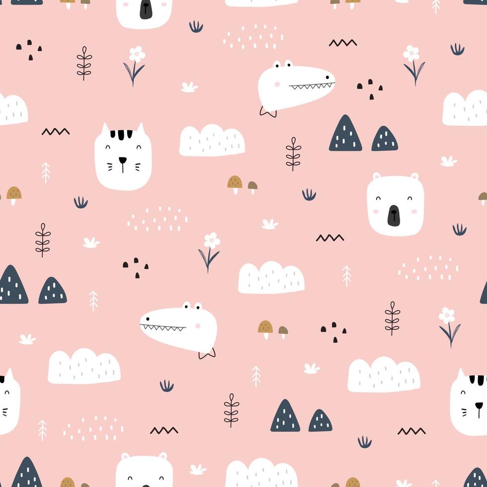 rosto de animal padrão sem costura com urso e gato e crocodilo em fundo rosa pastel. design desenhado à mão em estilo cartoon, usado para papel de parede têxtil, tecido, impressão, decoração. ilustração vetorial vetor