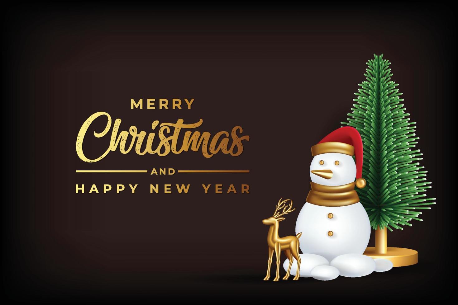 lindo feliz natal e feliz ano novo design com árvore de natal realista, boneco de neve, rena dourada vetor