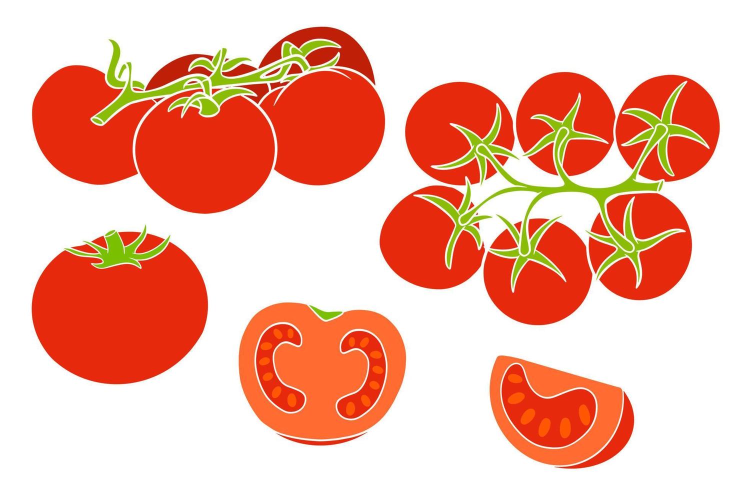 conjunto de tomates. tomates frescos, tomates em um galho, uma cunha e meia. vetor