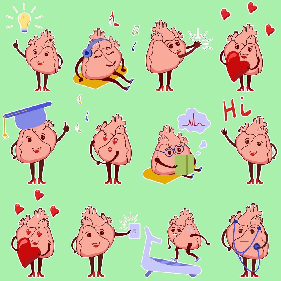 um conjunto de emoticons fisiológicos do coração. personagem cardiológico fofo em diferentes poses e situações. vetor