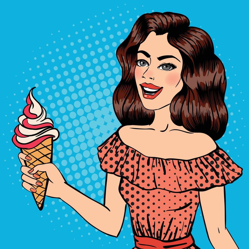 menina com sorvete. bandeira de arte pop. garota de pinos. mulher bonita com casquinha de sorvete. ilustração vetorial vetor