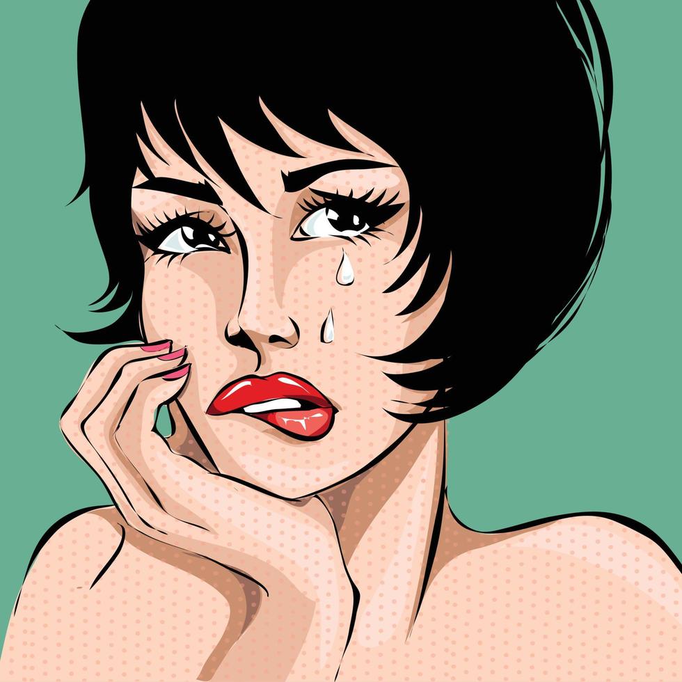 estilo de quadrinhos pop art retrato de mulher chorando, ilustração vetorial vetor