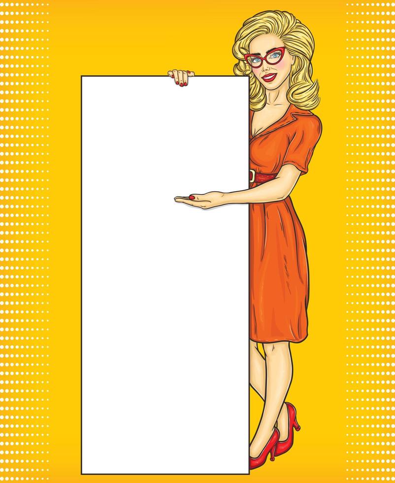 garota de arte pop de ilustração vetorial mostrando anúncios, informações, anúncio de venda vetor