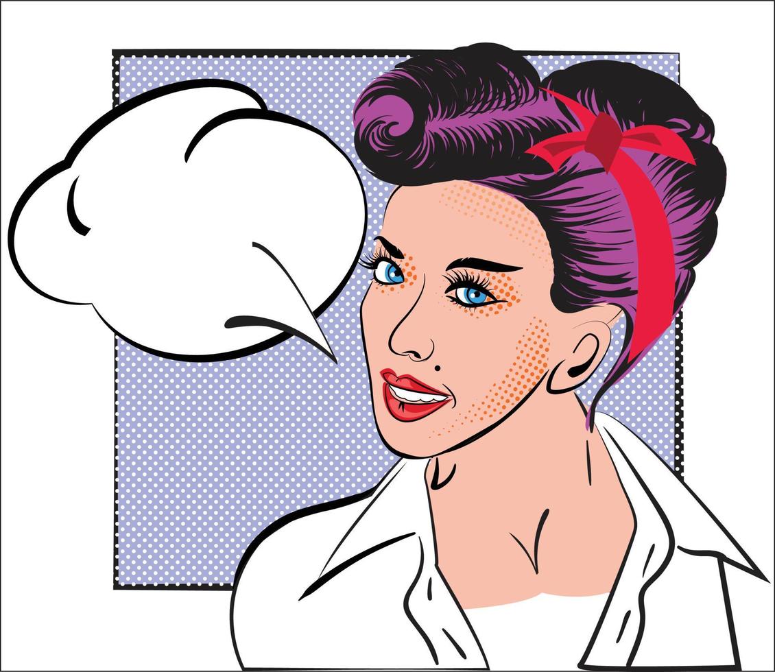 retrato de menina em estilo pop art, quadrinhos, esboço. mulher com cabelo roxo, penteado retrô, camisa branca, estilo vintage no fundo do quadro e balão. design para cartão, panfletos vetor