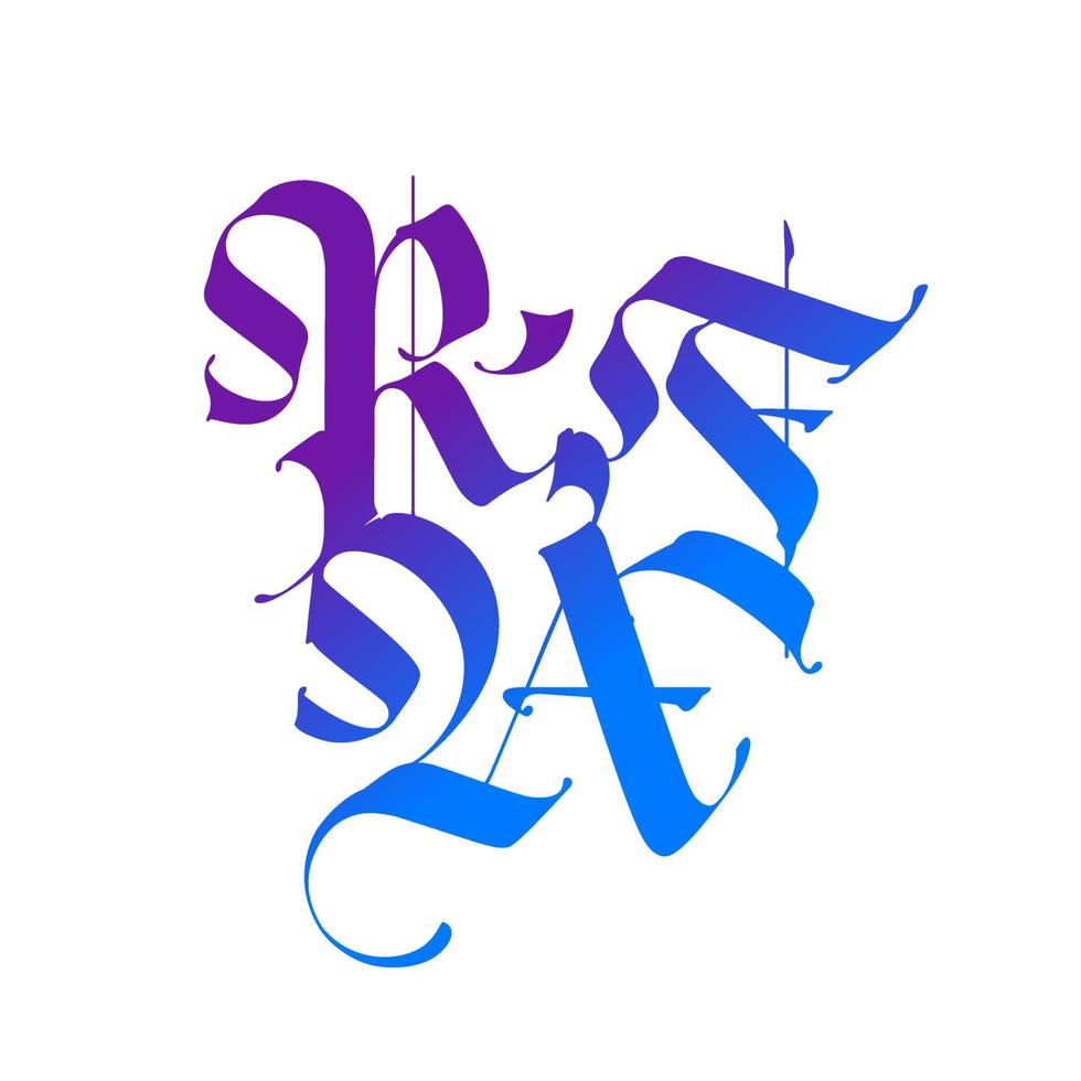 r, f, a no estilo gótico. vetor. letras e símbolos em um fundo branco. caligrafia com um marcador de cor. letras latinas medievais. fonte elegante para tatuagens. estilo germânico antigo. vetor