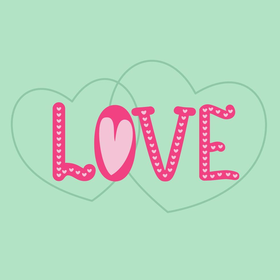 palavra manuscrita amor com corações em rosa decorados com corações em um fundo verde. cartão de dia dos namorados. vetor