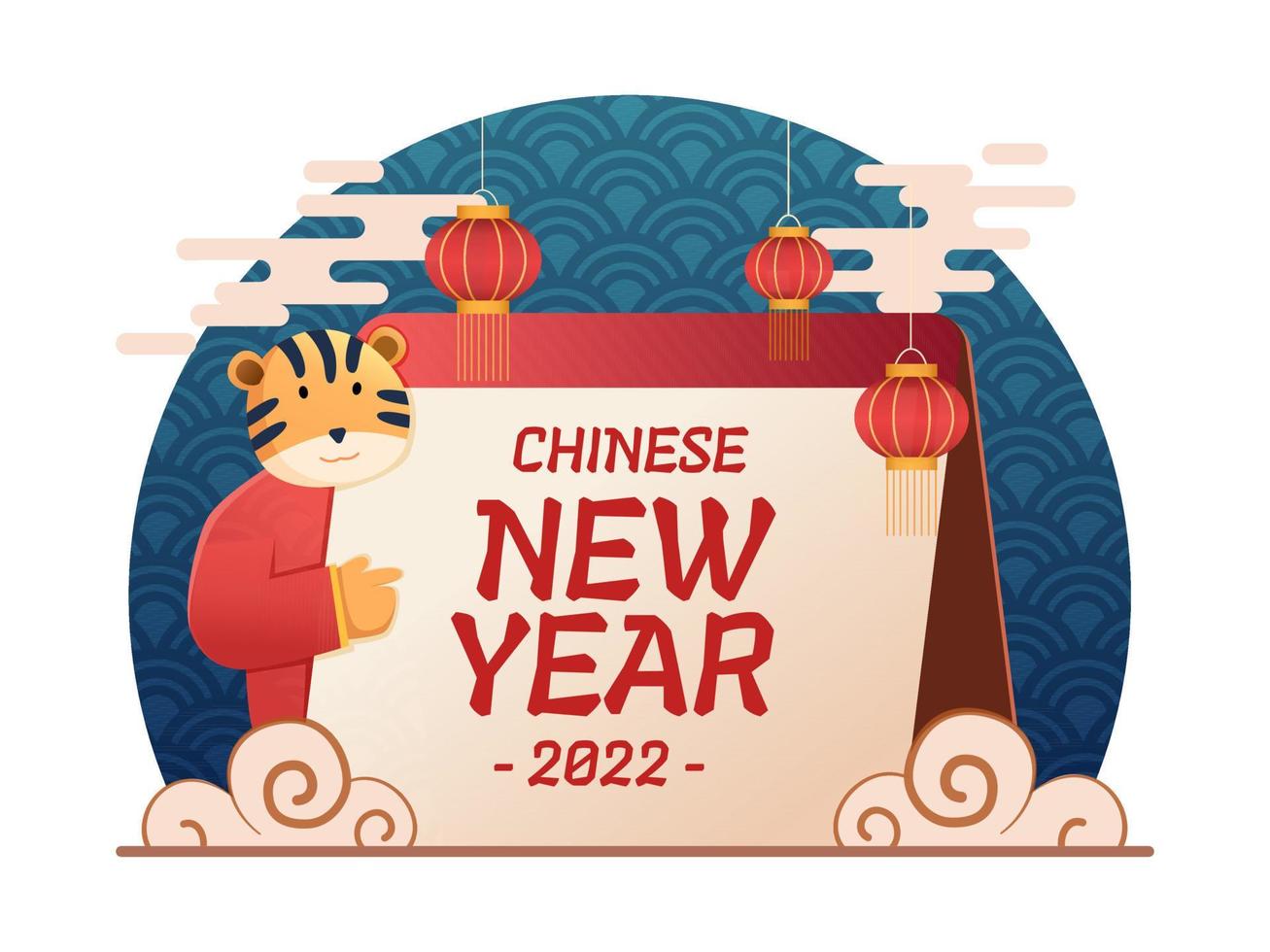 ilustração do ano novo chinês 2022 ano de tigre com desenho animado do zodíaco tigre bonito e calendário. pode ser usado para cartão postal, convite, banner, pôster, impressão, web, animação. vetor