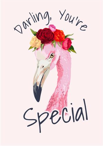 slogan com ilustração de coroa flamingo e floral vetor