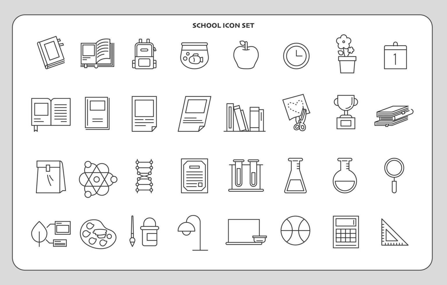 conjunto de ícones de classe escolar de linha preta. ilustração em vetor estilo design plano.