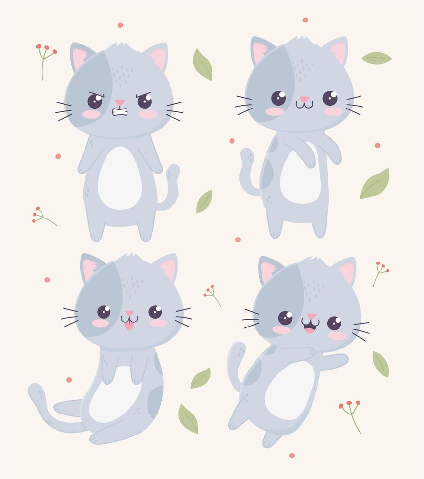 kawaii desenhos animados gatos fofos personagens gesto rostos expressões vetor