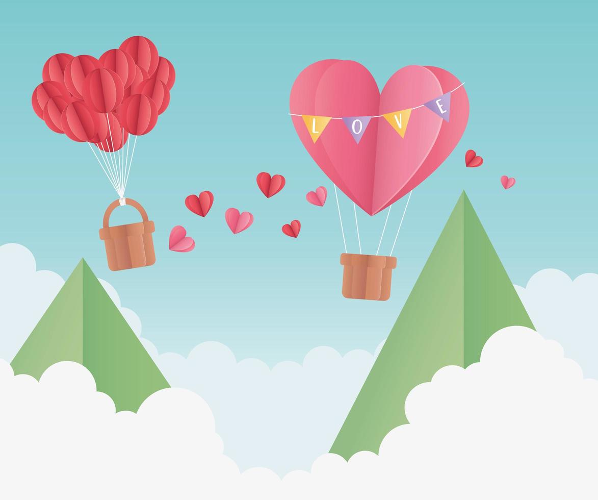feliz dia dos namorados origami papel balão de ar coração balões montanhas nuvens vetor