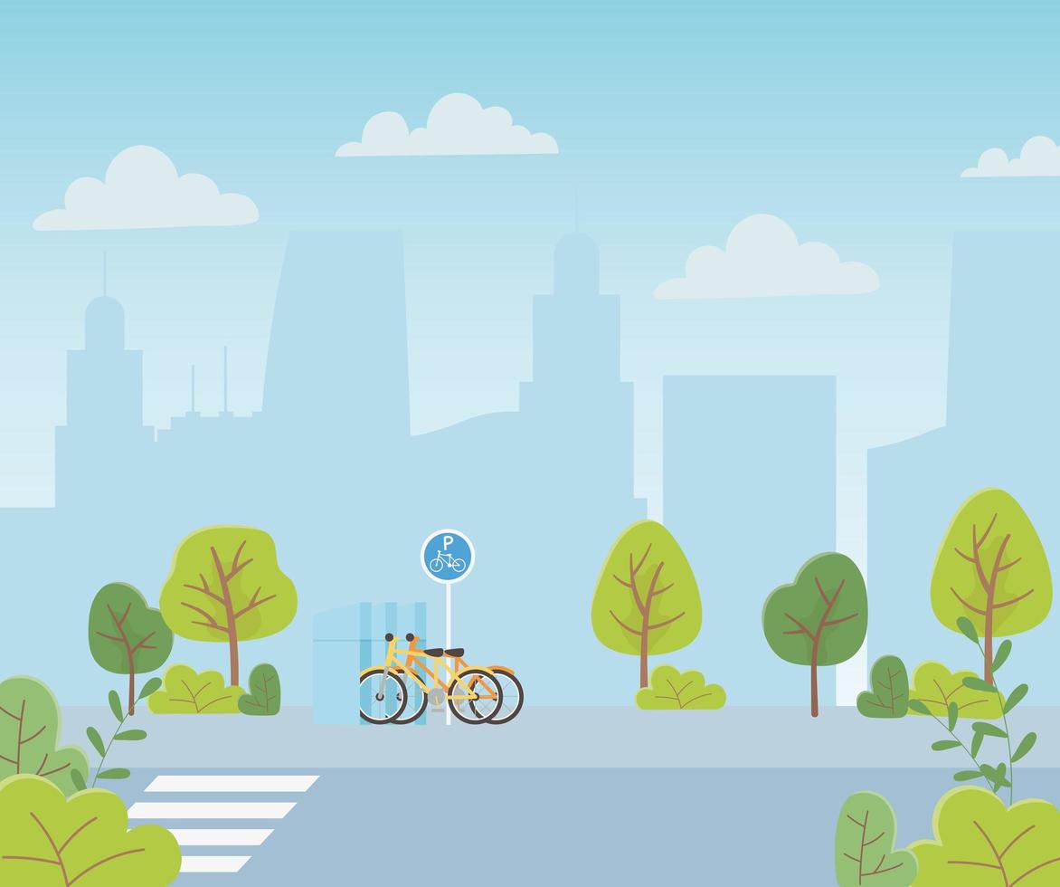 ecologia urbana estacionamento bicicletas transporte encruzilhada rua paisagem urbana vetor