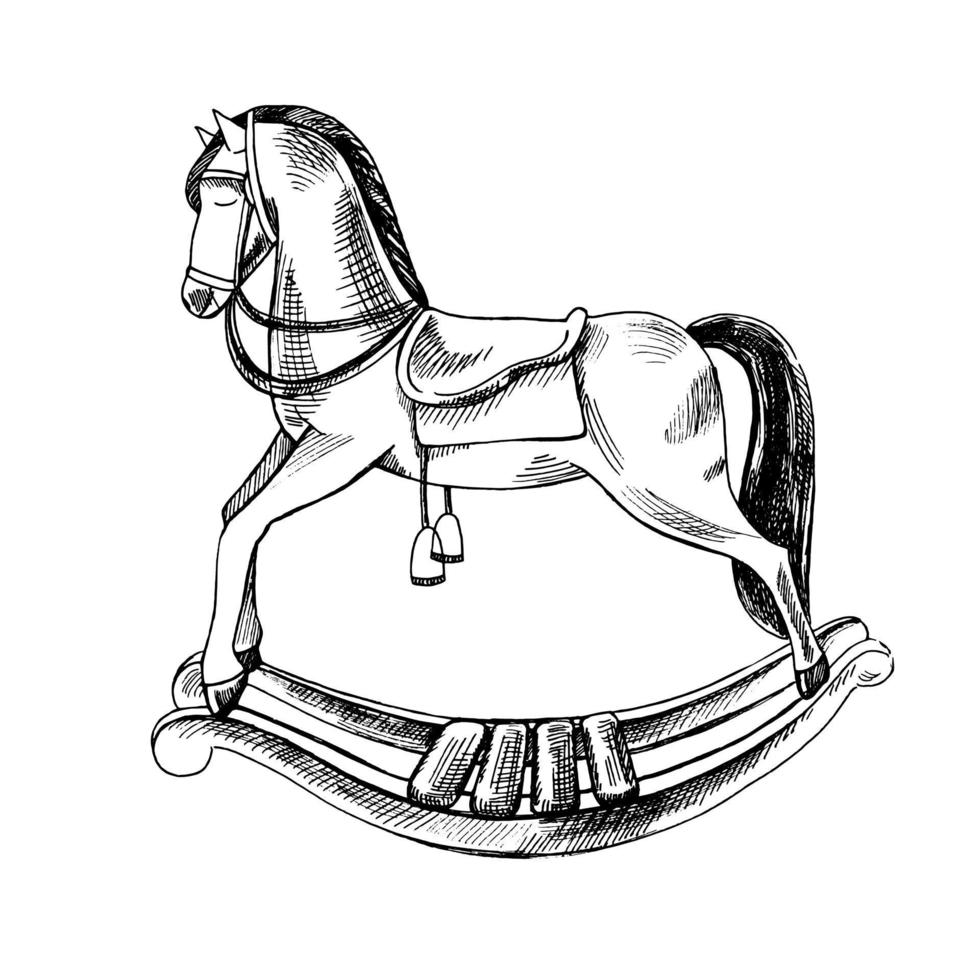 um esboço de tinta desenhado à mão de um cavalo de balanço de bebê de madeira vintage. contorno em um fundo branco, ilustração vetorial vintage. elemento de esboço vintage para design de rótulos, embalagens e cartões. vetor