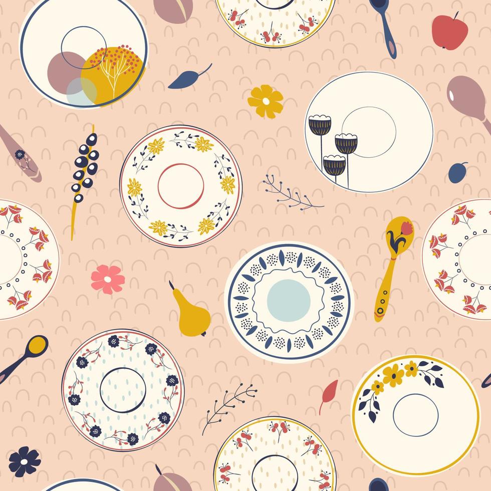 pratos de cerâmica, belos pratos com padrão floral. padrão perfeito vetor