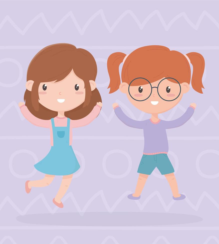 feliz dia das crianças, duas meninas com as mãos para cima celebrando desenhos animados vetor
