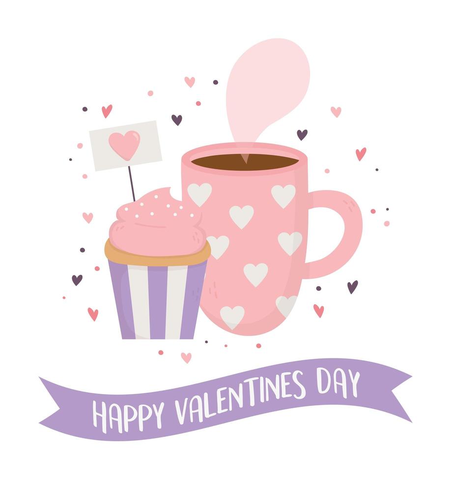 feliz dia dos namorados, xícara de chocolate e corações de cupcake doce vetor