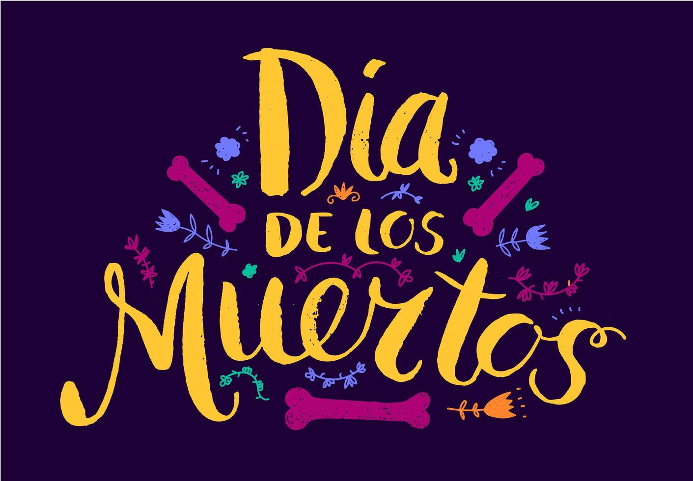 dia de los muertos, dia do cartaz de vetor morto ou cartão com ilustração de letras de texto em espanhol. desenhado à mão