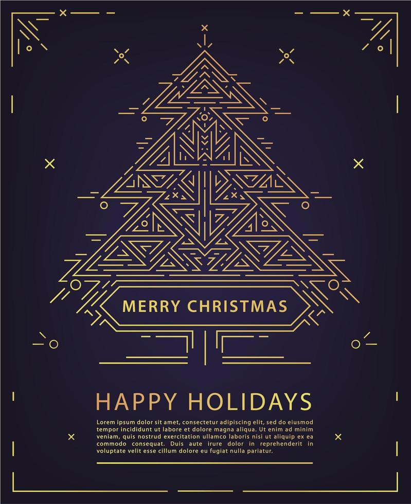 vetor natal linear, cartaz de ano novo, cartão, convite para festa. árvore de natal dourada art déco