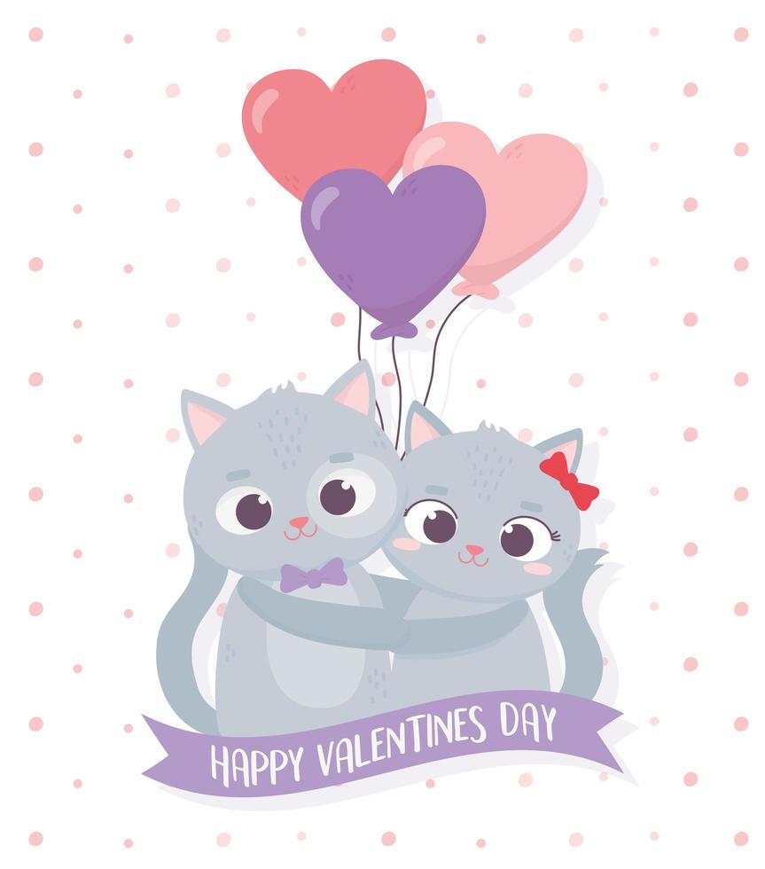 feliz dia dos namorados casal fofo gatos abraçados balões em forma de coração amor vetor