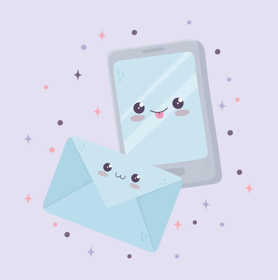 smartphone kawaii e desenho de mensagem de envelope vetor