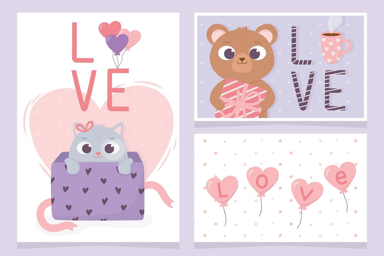 feliz dia dos namorados cartões de convite urso e gato caixa de presente decoração de corações de amor vetor