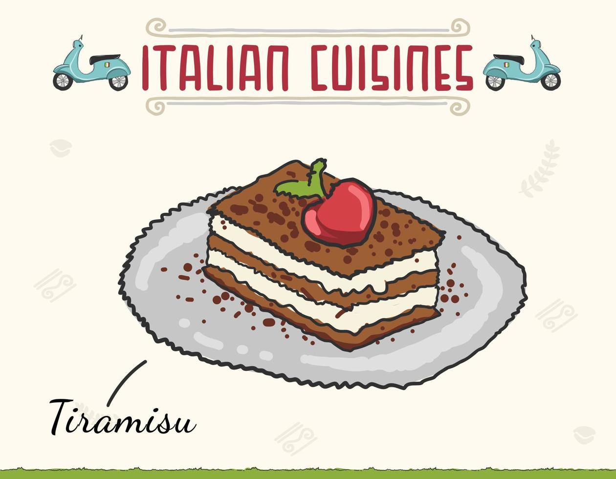 sobremesa italiana de bolo tiramisu. ilustração vetorial. bolo de tiramisu italiano em camadas com cereja, chantilly e ilustração vetorial de queijo mascarpone. vetor