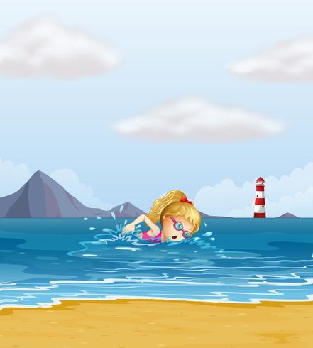 Uma garota nadando no mar com um farol na parte de trás vetor