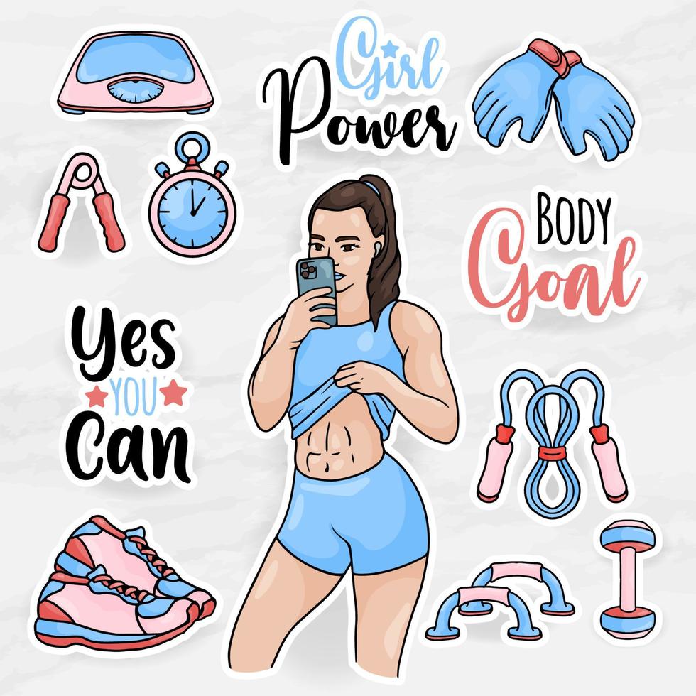 coleções de clip-art de adesivos de mulheres bonitas com equipamento de ginástica para meninas vetor