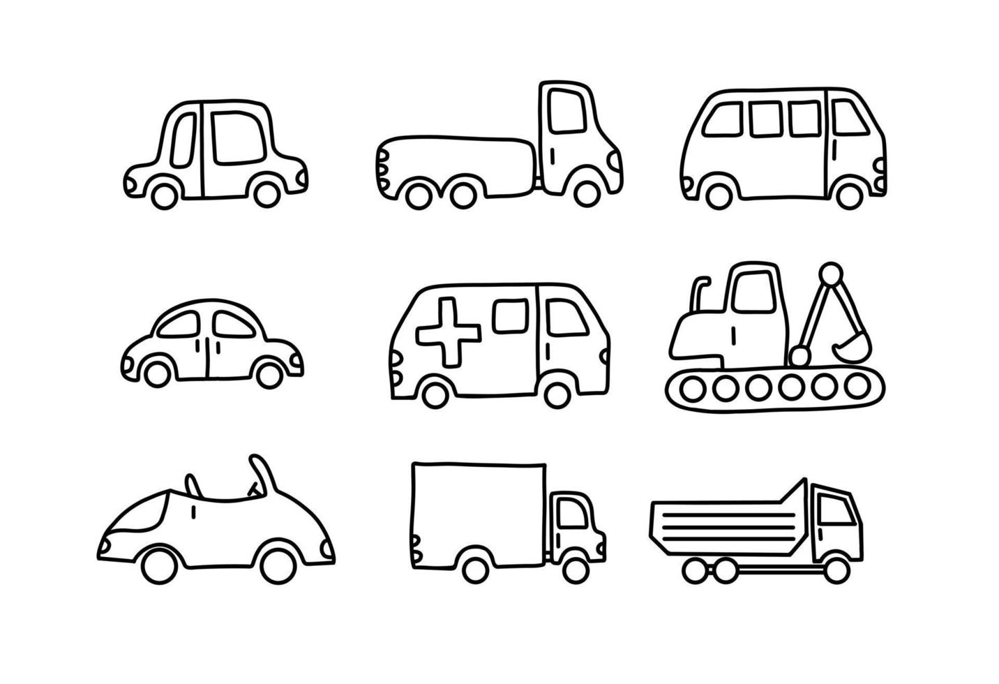 carros de coleção bonitos isolados em um fundo branco. ícones em estilo doodle para design de crianças. isolado na ilustração vetorial branca. vetor