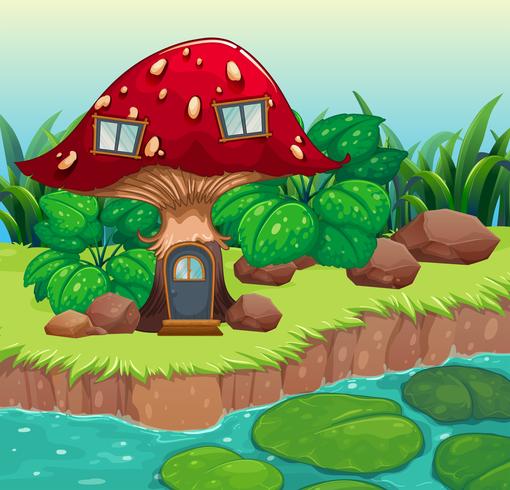 Uma casa de cogumelo de madeira vermelha vetor