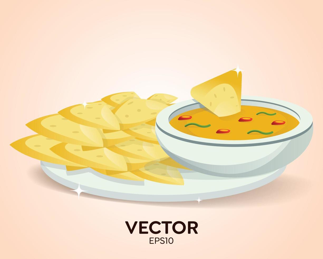 ilustrações de diferentes ícones de comida mexicana, nachos em um prato com molhos de queijo, pimenta e guacamole, prato de nachos saboroso vetor