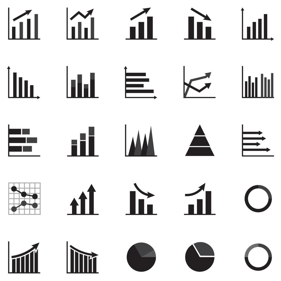 conjunto de ícone de gráfico de negócios, apresentação de finanças de estatísticas de objeto silhueta, vetor de símbolo de sucesso plano. 640 x 640 pixels.