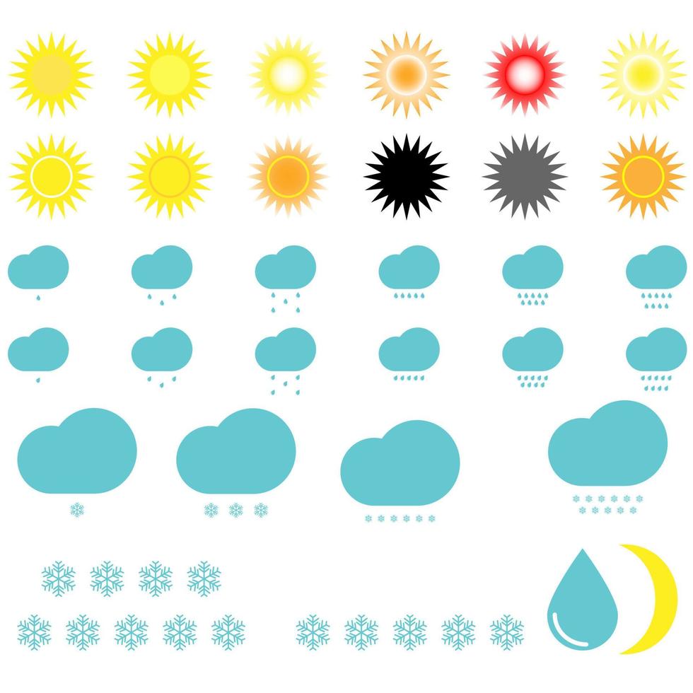 elementos climáticos sol nuvens lua gotas e flocos de neve vetor